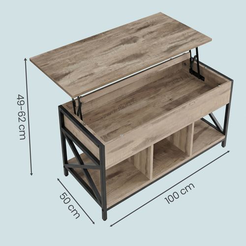 Table De Salon Relevable, Meuble Bas Avec Rangement Ouvert Et Caché, Structure Acier, Marron Et Noir