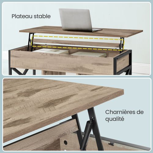 Table De Salon Relevable, Meuble Bas Avec Rangement Ouvert Et Caché, Structure Acier, Marron Et Noir