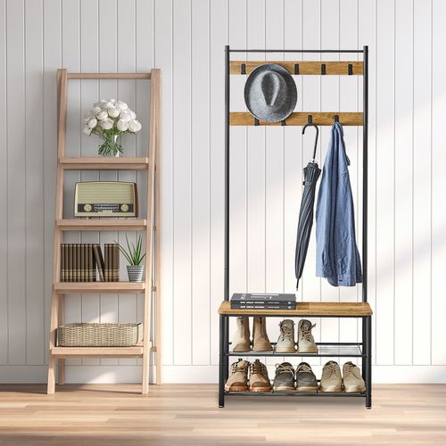 Portemanteau, Vestiaire Avec Banc De Rangement Pour Chaussures, Style Industriel, Marron Et Noir