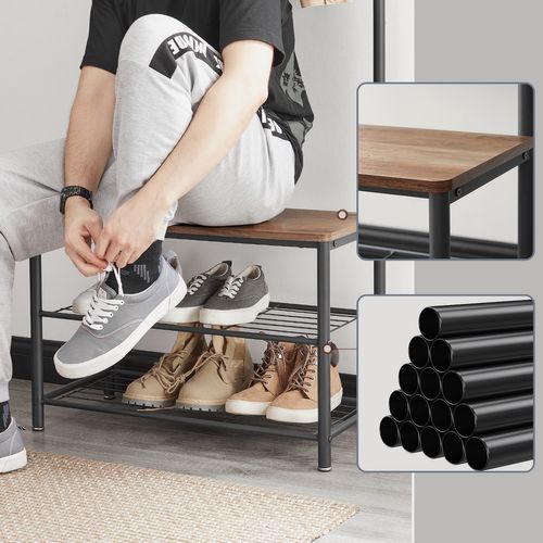 Portemanteau, Vestiaire Avec Banc De Rangement Pour Chaussures, Style Industriel, Marron Et Noir