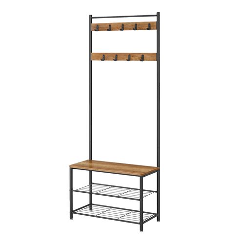 Portemanteau, Vestiaire Avec Banc De Rangement Pour Chaussures, Style Industriel, Marron Et Noir