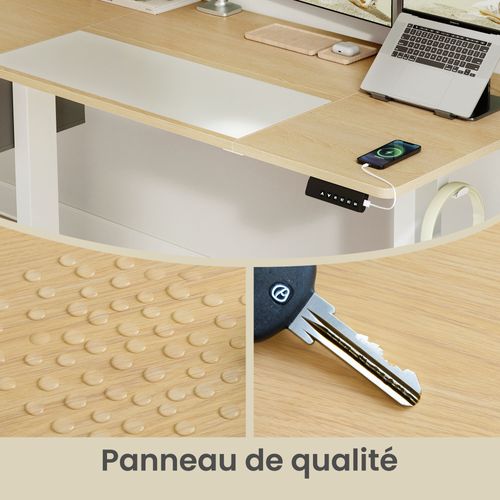 Bureau Réglable En Hauteur, 160 X 70 Cm, Fonction Mémoire, Port USB-c, Couleur Chêne