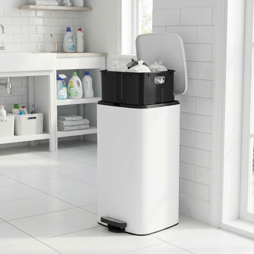 Poubelle De Cuisine, 30 Litres, Poubelle à Pédale, Avec Seau Intérieur, Fermeture Douce, Blanc