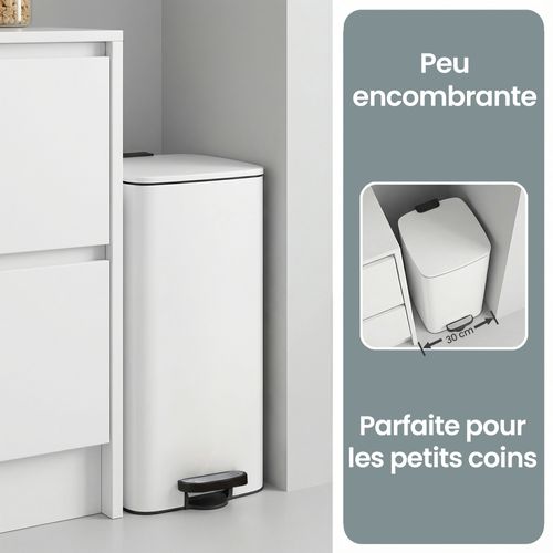 Poubelle De Cuisine, 30 Litres, Poubelle à Pédale, Avec Seau Intérieur, Fermeture Douce, Blanc