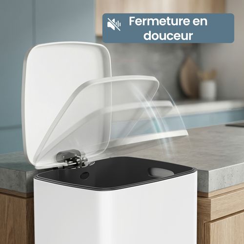 Poubelle De Cuisine, 30 Litres, Poubelle à Pédale, Avec Seau Intérieur, Fermeture Douce, Blanc