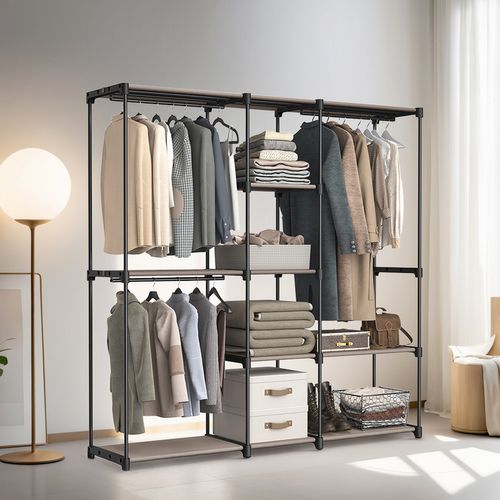 Armoire Ouverte, Portant à Vêtements, Penderie Avec Tringles à Vêtements Et Étagères, Taupe