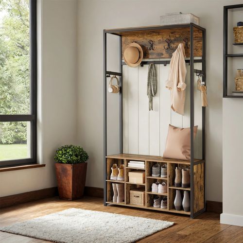 Porte-manteau Avec Banc Et Rangement à Chaussures, Meuble D'entrée, Marron Et Noir