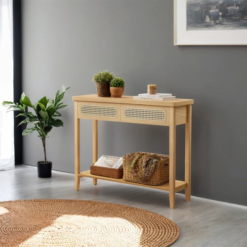 Table Console, Table D’entrée, Bout De Canapé Pour Salon, Avec 2 Tiroirs, Étagère Ouverte, Beige