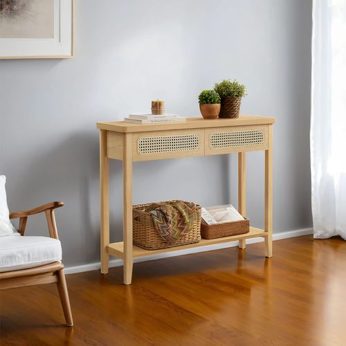 Table Console, Table D’entrée, Bout De Canapé Pour Salon, Avec 2 Tiroirs, Étagère Ouverte, Beige