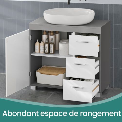 Meuble Sous Lavabo, 3 Grands Tiroirs, Placard Sous Vasque, 2 Compartiments Derrière La Porte, Gris