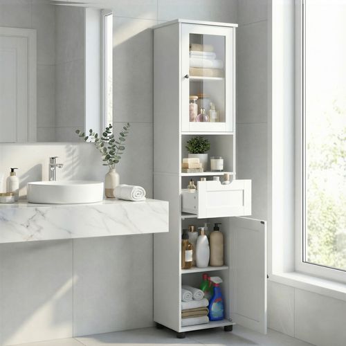 Colonne, Meuble Salle De Bain, Placards à Porte, Rangement Avec Étagères Réglables, Blanc