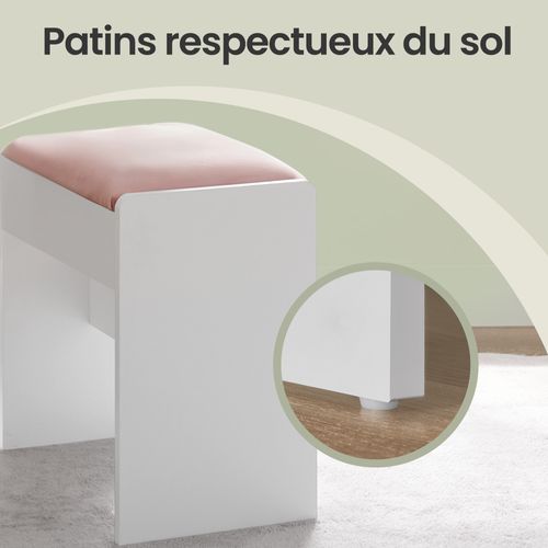 Tabouret De Coiffeuse, En Velours, Avec Patins Antidérapants, Blanc Et Rose