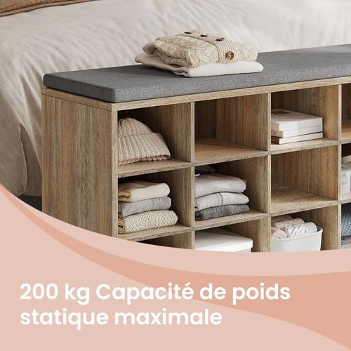 Banc à Chaussures, Avec Siège Rembourré, 15 Compartiments, Étagères Réglables, Chêne