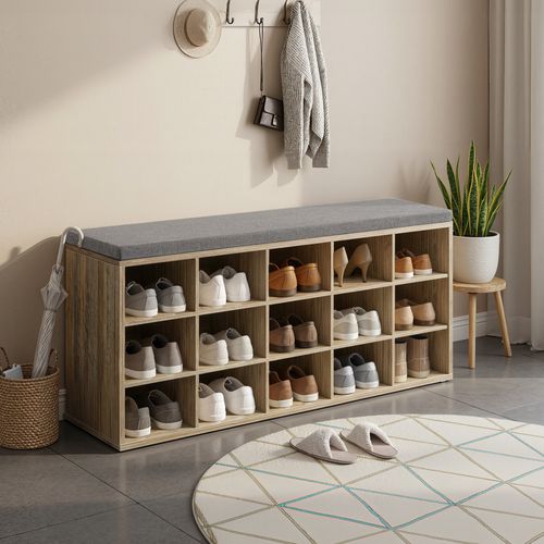 Banc à Chaussures, Avec Siège Rembourré, 15 Compartiments, Étagères Réglables, Chêne