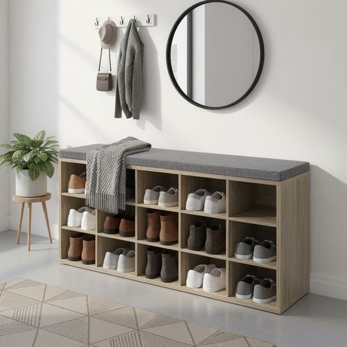 Banc à Chaussures, Avec Siège Rembourré, 15 Compartiments, Étagères Réglables, Chêne