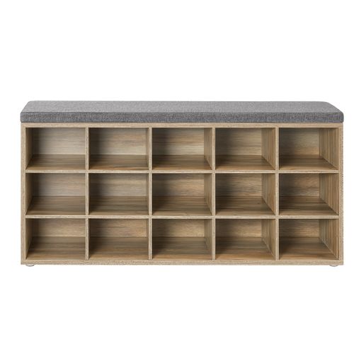 Banc à Chaussures, Avec Siège Rembourré, 15 Compartiments, Étagères Réglables, Chêne