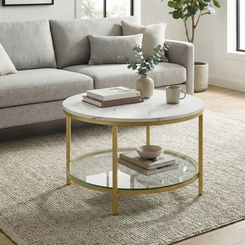 Table Basse, Table De Salon, Façon Marbre, Support En Verre Trempé, Blanc Marbré Et Doré