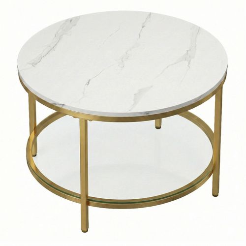 Table Basse, Table De Salon, Façon Marbre, Support En Verre Trempé, Blanc Marbré Et Doré