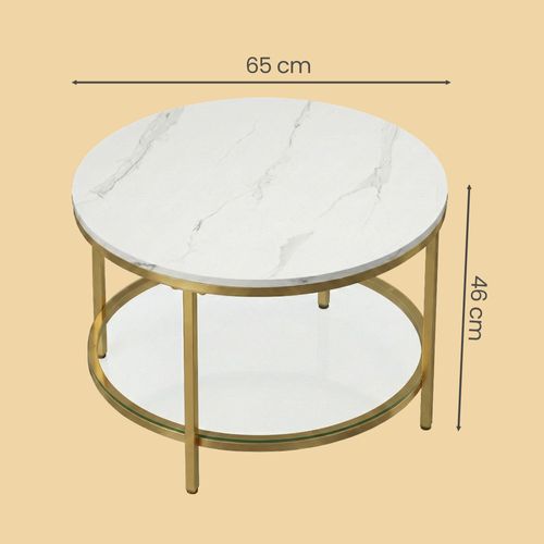 Table Basse, Table De Salon, Façon Marbre, Support En Verre Trempé, Blanc Marbré Et Doré