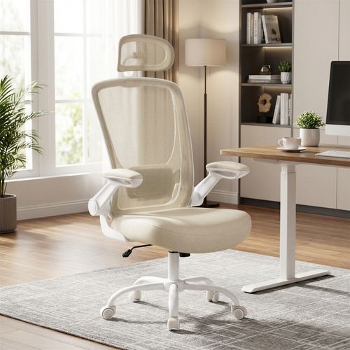 Chaise De Bureau, Ergonomique Pivotante Avec Soutien Lombaire, Accoudoirs Relevables, Beige