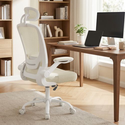 Chaise De Bureau, Ergonomique Pivotante Avec Soutien Lombaire, Accoudoirs Relevables, Beige