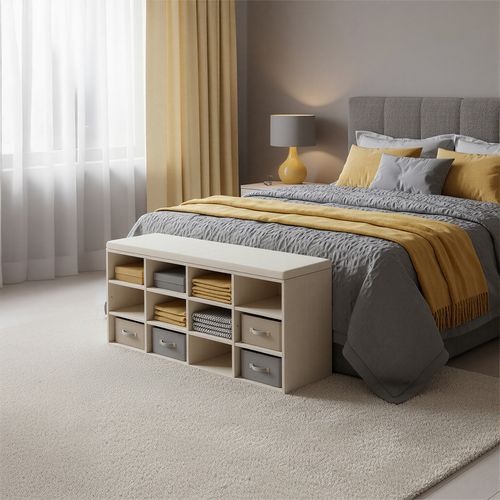 Banc à Chaussures Avec Assise Rembourrée, Étagères Réglables, 12 Compartiments, Beige