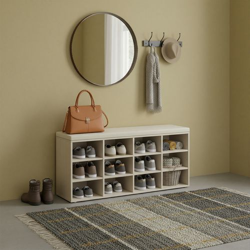 Banc à Chaussures Avec Assise Rembourrée, Étagères Réglables, 12 Compartiments, Beige