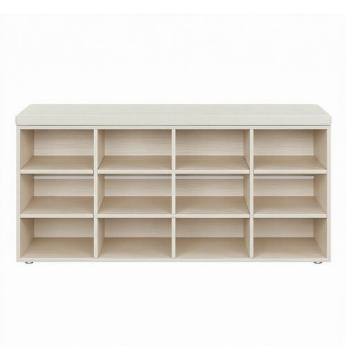 Banc à Chaussures Avec Assise Rembourrée, Étagères Réglables, 12 Compartiments, Beige