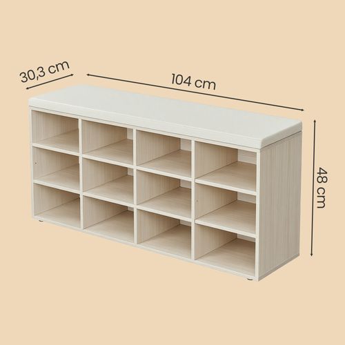 Banc à Chaussures Avec Assise Rembourrée, Étagères Réglables, 12 Compartiments, Beige