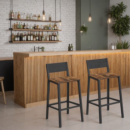 Ensemble De 2 Tabourets De Bar, Pour Cuisine Salle à Manger Bureau, Style Industriel, Marron Et Noir