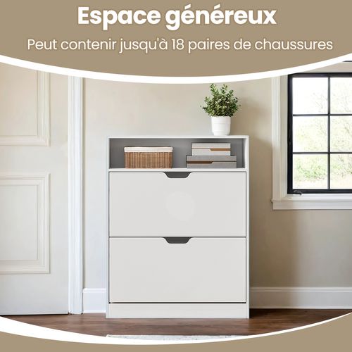 Armoire à Chaussures 2 Clapets, Étagère à Chaussures, Compartiment Ouvert, Cloison Ajustable, Blanc