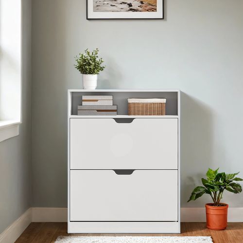 Armoire à Chaussures 2 Clapets, Étagère à Chaussures, Compartiment Ouvert, Cloison Ajustable, Blanc