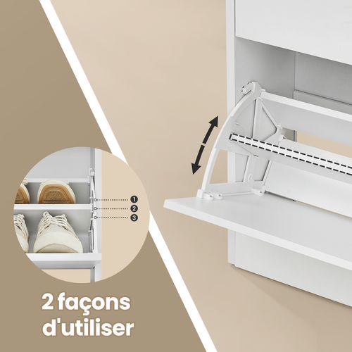 Armoire à Chaussures 2 Clapets, Étagère à Chaussures, Compartiment Ouvert, Cloison Ajustable, Blanc