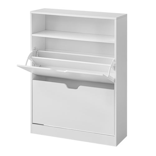 Armoire à Chaussures 2 Clapets, Étagère à Chaussures, Compartiment Ouvert, Cloison Ajustable, Blanc