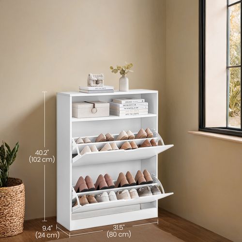 Armoire à Chaussures 2 Clapets, Étagère à Chaussures, Compartiment Ouvert, Cloison Ajustable, Blanc