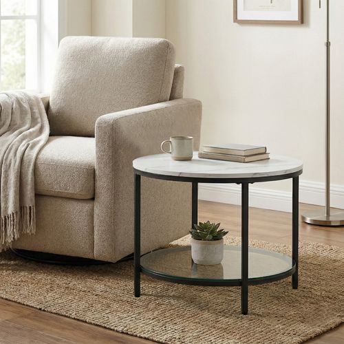 Table Basse, Façon Marbre, Support En Verre Trempé, Style Moderne, Blanc Marbré Et Noir