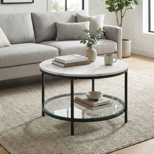 Table Basse, Façon Marbre, Support En Verre Trempé, Style Moderne, Blanc Marbré Et Noir