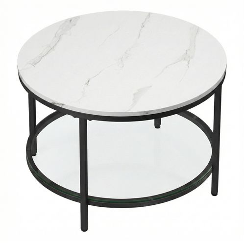 Table Basse, Façon Marbre, Support En Verre Trempé, Style Moderne, Blanc Marbré Et Noir