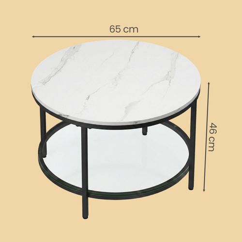 Table Basse, Façon Marbre, Support En Verre Trempé, Style Moderne, Blanc Marbré Et Noir