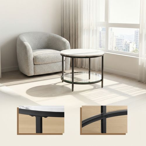 Table Basse, Façon Marbre, Support En Verre Trempé, Style Moderne, Blanc Marbré Et Noir