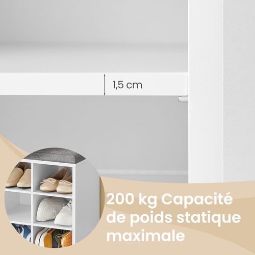 Banc à Chaussures, Avec Siège Rembourré, 15 Compartiments, Étagères Réglables, Blanc