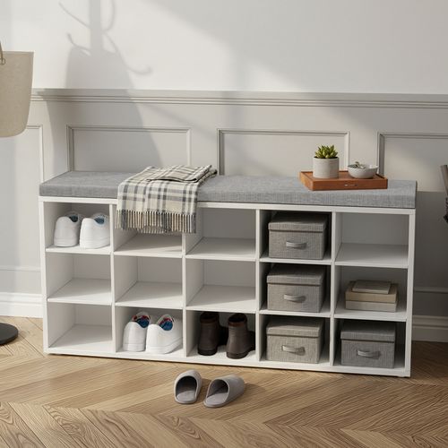 Banc à Chaussures, Avec Siège Rembourré, 15 Compartiments, Étagères Réglables, Blanc