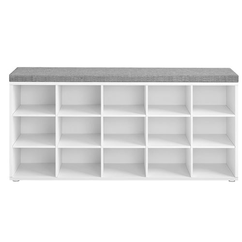 Banc à Chaussures, Avec Siège Rembourré, 15 Compartiments, Étagères Réglables, Blanc