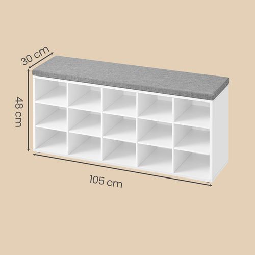 Banc à Chaussures, Avec Siège Rembourré, 15 Compartiments, Étagères Réglables, Blanc