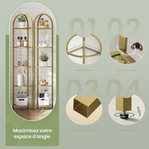 Étagère D’angle à 5 Niveaux, Étagère De Salle De Bain, Verre Trempé, Style Moderne, Doré