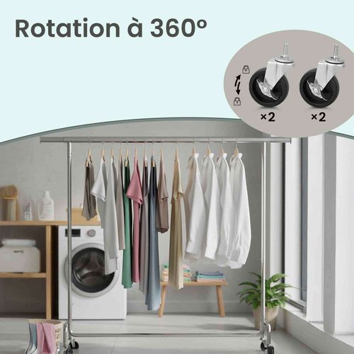 Portant à Vêtements Sur Roulettes, Tringle Extensible, Charge Maximale 110 Kg, Argent