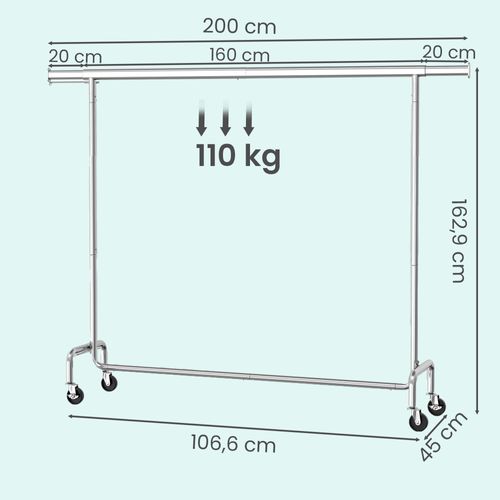 Portant à Vêtements Sur Roulettes, Tringle Extensible, Charge Maximale 110 Kg, Argent