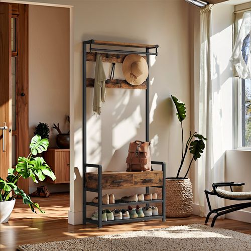 Porte-manteau Avec Banc Et Rangement Pour Chaussures, 30 X 80,4 X 181,6 Cm, Marron Et Noir