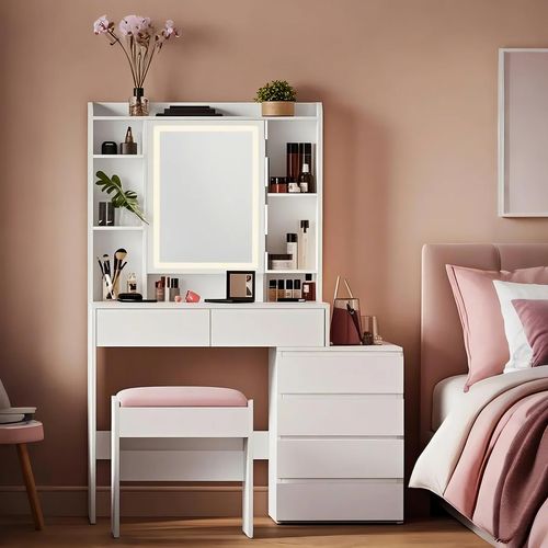 Coiffeuse Avec Tabouret, Miroir LED, 3 Luminosités Réglables, Tiroirs, Compartiments Ouverts, Blanc