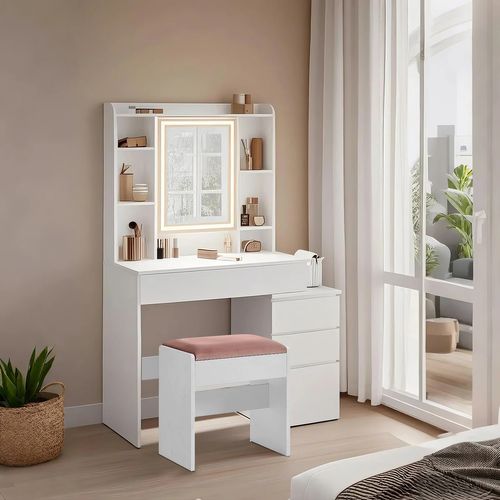 Coiffeuse Avec Tabouret, Miroir LED, 3 Luminosités Réglables, Tiroirs, Compartiments Ouverts, Blanc